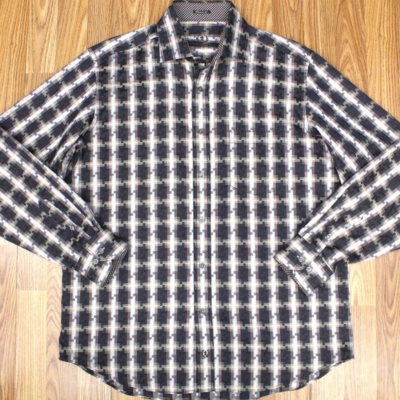 BUGATCHI CLASSIC FIT Mens 100% COTTON POINT COLLAR SHIRT BROWN Sz LARGE, L - Picture 2 of 5